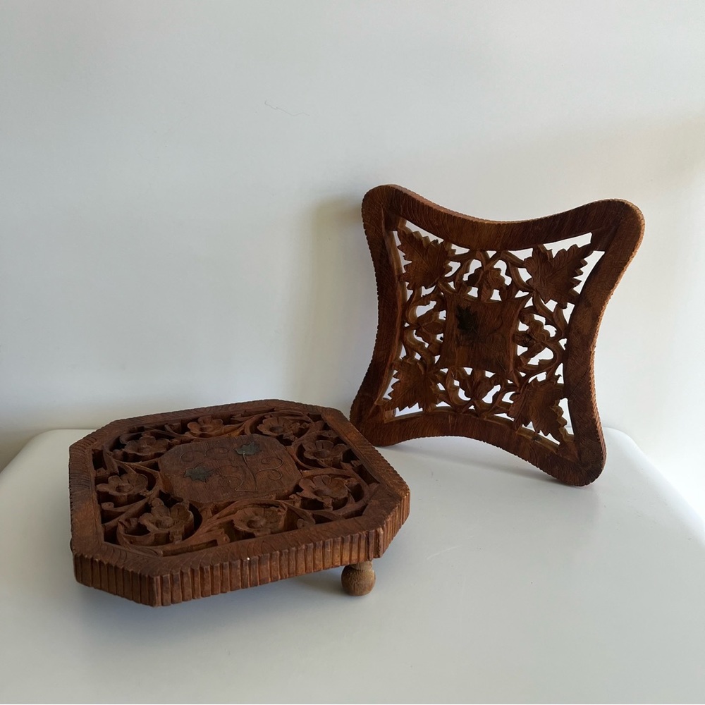 Vintage Wooden Carved Footed Trivet India Set of 2